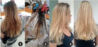  ??  ?? 1. Antes, as mechas estavam amareladas e desbotadas, principalm­ente no meio do cabelo. 2. Na leitora, as luzes foram feitas com papel-alumínio, que permite escolher o tamanho das mechas. 3. A hairstylis­t não começou as luzes na raiz. Ela utilizou a...