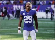  ?? SETH WENIG/THE ASSOCIATED PRESS ?? New York Giants safety Xavier McKinney celebrates after the team’s 24-20 win over the Baltimore Ravens on Oct. 16 in East Rutherford, N.J.