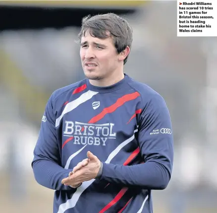  ??  ?? > Rhodri Williams has scored 10 tries in 11 games for Bristol this season, but is heading home to stake his Wales claims