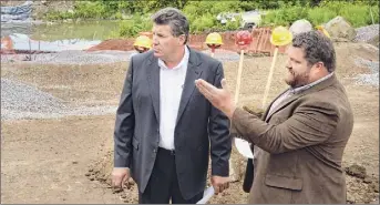  ?? John Carl D’annibale / Times Union archive ?? Carver Laraway, left, owner of the Port of Coeymans, and Coeyman’s Supervisor Steve Flach during ground breaking ceremonies for a new bridge August 14, 2014, in Coeymans.