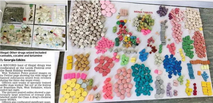  ??  ?? Illegal: Other drugs seized included cannabis, cocaine and ketamine Dangerous: A police photo of a large selection of ecstasy pills – chemical name MDMA – seized at the Leeds Festival