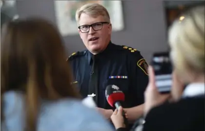  ?? MATHEW MCCARTHY, RECORD STAFF ?? Waterloo Regional Police Chief Bryan Larkin speaks to reporters at Kitchener City Hall on Wednesday.