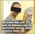  ??  ?? Mechaniker Marcel M. (32) hatte die Wohnung voller Damenwäsch­e, will aber nichts gestohlen haben.