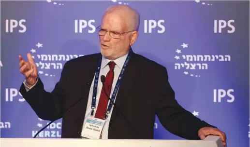  ?? (Adi Cohen Zedek) ?? AMOS GILEAD speaks at a recent Herzliya Conference. ‘We are in a period of historic opportunit­y, with threats looming on the horizon.’