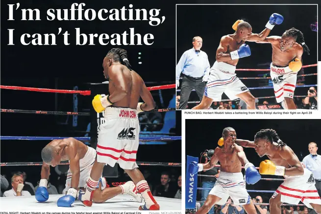  ?? Pictures: NICK LOURENS ?? PUNCH BAG: Herbert Nkabiti takes a battering from Willis Baloyi during their fight on April 28