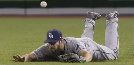 ?? FRED THORNHILL/THE CANADIAN PRESS PHOTOS ?? Rays right fielder Steven Souza Jr. comes up just short on a diving attempt at a single off the bat of Blue Jay Darwin Barney in Friday night’s series opener.