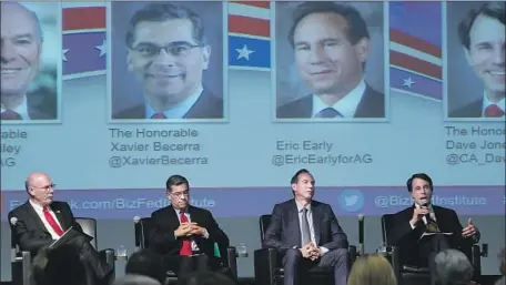  ?? Luis Sinco Los Angeles Times ?? CALIFORNIA attorney general candidates, from left, Judge Steven Bailey, Atty. Gen. Xavier Becerra, attorney Eric Early and state Insurance Commission­er Dave Jones take the stage in Downey on Tuesday for the first of two forums.