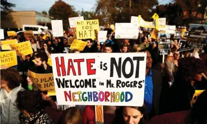  ??  ?? Marchers attend a vigil for the victims of those killed at the Tree of Life synagogue in Pittsburgh, Pennsylvan­ia in October. Photograph: Jared Wickerham/EPA