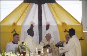  ?? (AP/Gregorio Borgia) ?? Pope Francis celebrates Mass at the John Garang Mausoleum on Sunday in Juba, South Sudan.