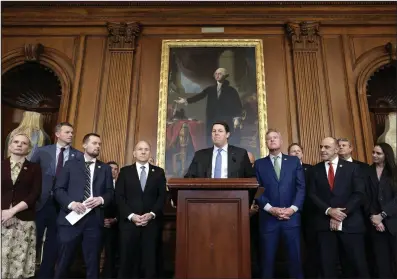  ?? (AP/Yuri Gripas) ?? Rep. Jodey Arrington (center), R-Texas, speaks at a news conference Thursday following the markup of H.R. 5779, the Fiscal Commission Act of 2023, on Capitol Hill in Washington.