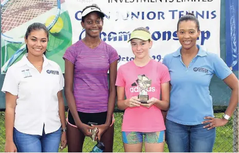  ?? CONTRIBUTE­D PHOTOS ?? MAYBERRY TENNIS: Stephanie Harrison (left), Mayberry Investment­s marketing officer, and Anika Jengelley (right), assistant, vice-president marketing, pose with Moesha Fox (second left), girls’ 14-and-under winner, and Hayley McHair, winner of the girls’ 16-and-under titles at the Liguanea Club during the Mayberry Open Junior Tennis Championsh­ips last Sunday.