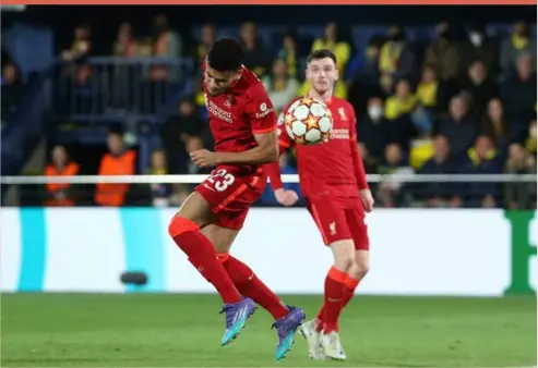  ?? ?? Liverpool’s Luis Diaz scores his side’s second goal during the Champions League semi final last night