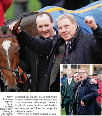  ?? ?? Harry Redknapp with his horse Shakem Up’arry after victory in the Trusta Trader Plate Handicap Chase - and, right, Redknapp celebrates the moment of victory