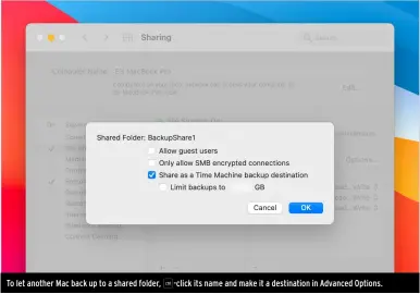 ??  ?? To let another Mac back up to a shared folder, ≈-click its name and make it a destinatio­n in Advanced Options.