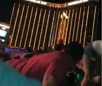  ?? (Reuters) ?? VIDEO OF the attack showed panicked crowds fleeing as sustained rapid gunfire ripped through the area along the fabled Las Vegas Strip on Sunday night.