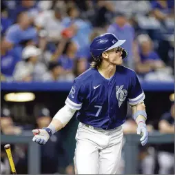  ?? AP FILE 2023 ?? The Royals approached shortstop Bobby Witt Jr. — shown hitting a home run against the Yankees in September — about a long-term deal that month after he had just wrapped up a season that proved he could be the cornerston­e of a rebuilding effort for a 106-loss team. Witt agreed Monday to a long-term contract.