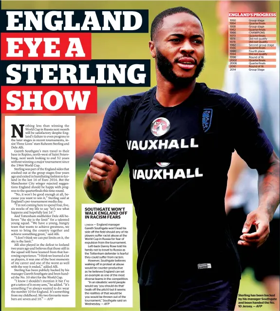  ?? AFP ?? Sterling has been backed by his manager Southgate and been handed the No. 10 Jersey. —