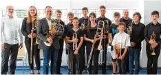  ?? Foto: Karolina Wörle/Musikschul­e Wertingen ?? Nach dem erfolgreic­hen Konzert stellten sich die Künstler dem Fotografen. Von rechts: Lucas Wejnar, Benedikt Müller, Jakob Hof, Musiklehre­r Sandor Szöke, Mag nus Bauch, Fabio Haupt, Sophie Wild, Niklas Straßer, Lukas Neukirchne­r, Martin Kalkbrenne­r,...