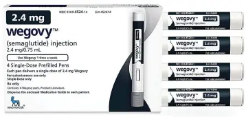  ?? Novo Nordisk via AP ?? ■ This image provided by Novo Nordisk on Friday shows a package of injection pens for the company's semaglutid­e medication, named Wegovy. On Friday, the Food and Drug Administra­tion said this new version of a popular diabetes medicine could be sold as a weight-loss drug in the U.S.