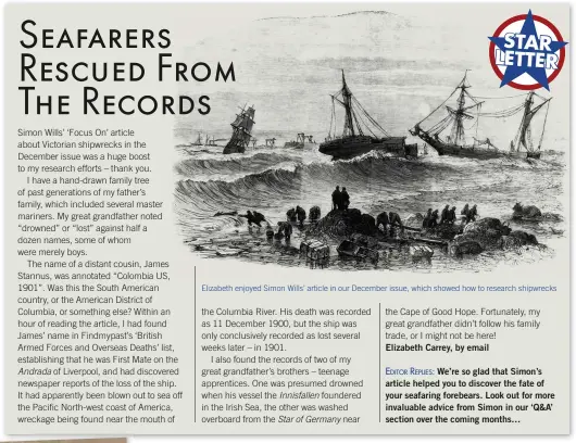  ??  ?? Elizabeth enjoyed Simon Wills’ article in our December issue, which showed how to research shipwrecks