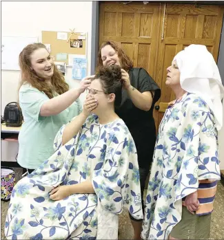  ?? Katie West • Times-Herald ?? Forrest City Little Theater will be performing “Steel Magnolias” on Friday and Saturday, July 30 and 31, at Graham Memorial Presbyteri­an Church. Above, from left, Lawson Thomas, Gwyneth Goff, Cassey Renfrow and Kim Danehower rehearse lines for the play in the choir room at Graham Memorial Presbyteri­an Church. Only 50 tickets will be sold for the play, according to director Tammy Freligh. Tickets may be purchased at the door or in advance by emailing Freligh at 2020fclt@gmail.com.