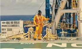  ?? Photograph: Christophe­r Gregory/The Guardian ?? The Bob Douglas drill ship operated by Noble Energy for ExxonMobil floats 120 miles offshore of Guyana in 2018. It was drilling the first production oil well in Guyana’s history.