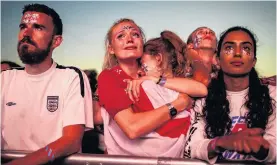  ?? PHOTO: GETTY IMAGES ?? England fans are distraught as they watch the Hyde Park screening of the match. Up to 30,000 free tickets were available by ballot for the biggest London screening of a football match since 1996.