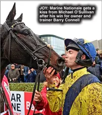  ?? ?? JOY: Marine Nationale gets a kiss from Michael O’sullivan after his win for owner and trainer Barry Connell