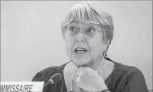  ??  ?? GENEVA
United Nations High Commission­er for Human Rights Michelle Bachelet delivers a speech at the opening of a session of UN Human Rights Council. -REUTERS