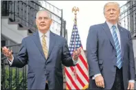  ?? AP PHOTO ?? In this Aug. 11 file photo, Secretary of State Rex Tillerson, left, speaks following a meeting with President Donald Trump at Trump National Golf Club in Bedminster, N.J. The strained relationsh­ip between Trump and Tillerson came under renewed focus...