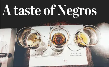  ??  ?? THREE GLASSES filled with the three variants of Don Papa Rum were laid out for guests to compare and contrast.