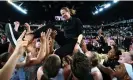  ?? Photograph: Zac Goodwin/PA ?? London Lions head coach Stella Kaltsidou is held aloft by her joyous players after their win.