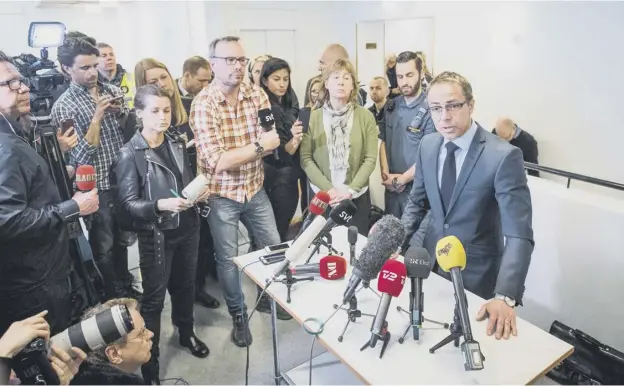  ?? PICTURE GETTY IMAGES ?? 0 Prosecutor Hans Ihrman addresses media at Stockholm District Court, prior to remand hearings of the prime suspect in the Stockholm attack