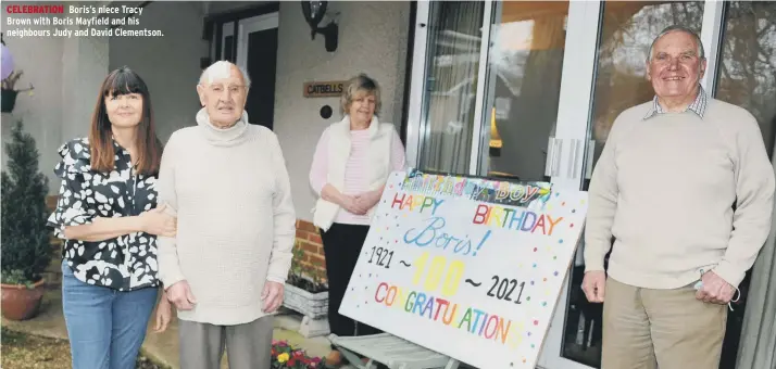  ??  ?? CELEBRATIO­N Boris’s niece Tracy Brown with Boris Mayfield and his neighbours Judy and David Clementson.