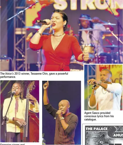  ??  ?? The Voice’s 2013 winner, Tessanne Chin, gave a powerful performanc­e.
Emerging singer and instrument­alist Jamila Falak showed off her range of talents.
Kevin Downswell kept the praise going during his performanc­e.
Agent Sasco provided conscious lyrics from his catalogue.
