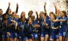  ?? Fallon/AFP/Getty Images ?? The US women celebrate after winning their fourth straight SheBelieve­s Cup and sixth in eight years. Photograph: Patrick T