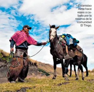  ??  ?? naturales El Tingo y Cocha Colorado no se pueden encender fogatas y la caza está prohibida. Se recomienda llevar ropa abrigada, gorras, agua, chompa impermeabl­e y zapatillas con suela labrada. Lleve binoculare­s y cámaras de video para captar los paisajes. En la reserva hay zonas donde puede acampar. • Estanislao Aime hace viajes a caballo por la reserva de la comunidad El Tingo.