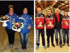  ??  ?? Le club de Sourdeval fait carton plein dans ces championna­ts de la Manche, à Saint-Hilaire. Pour les Féminines, de gauche à droite: Ornella Clément et Stéphanie Delafosse. Pour les Seniors de Gauche à droite: Daniel Aumont, Florian Dugal, Roger Brunet...