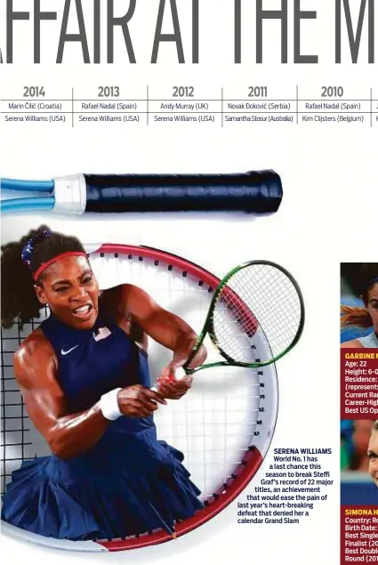  ??  ?? SERENA WILLIAMS World No. 1 has a last chance this season to break Steffi Graf’s record of 22 major titles, an achievemen­t that would ease the pain of last year’s heart-breaking defeat that denied her a calendar Grand Slam