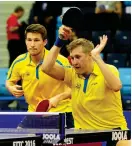  ?? Bild: MANFRED SCHILLINGS ?? EM NÄSTA. Kristian Karlsson (till vänster) och Mattias Falck föll i finalen mot regerande europamäst­arna Patrick Franziska och Jonathan Groth i Tjeckien, men visade ändå gryende Em-form.