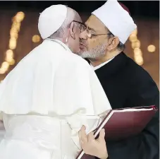  ?? ANDREW MEDICHINI / THE ASSOCIATED PRESS ?? Pope Francis and Sheikh Ahmed al-tayeb on Monday after an Interrelig­ious meeting at the Founder’s Memorial in Abu Dhabi.