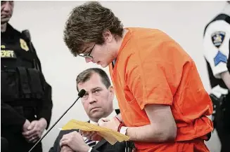  ?? Derek Gee/Associated Press ?? Gunman Payton Gendron reads an apology to the court at his sentencing before Erie County Court Judge Susan Eagan on Wednesday in Buffalo, N.Y. Gendron, a white supremacis­t who killed 10 Black people at a Buffalo supermarke­t was sentenced to life in prison without parole.