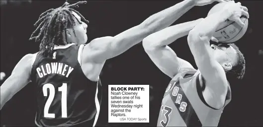  ?? USA TODAY Sports ?? BLOCK PARTY: Noah Clowney tallies one of his seven swats Wednesday night against the Raptors.