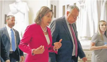  ?? PATRICK SEMANSKY/AP ?? House Speaker Nancy Pelosi, D-Calif., walks out of the House Chamber on Tuesday. Republican­s moved to have her words from a House floor speech stricken from the official record.