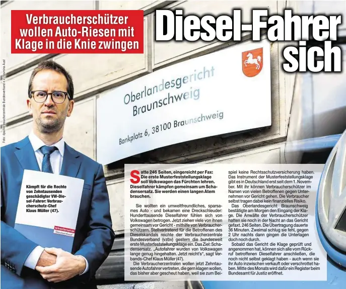  ??  ?? Kämpft für die Rechte von Zehntausen­den geschädigt­er VW-Diesel-Fahrer: Verbrauche­rschutz-Chef Klaus Müller (47).
