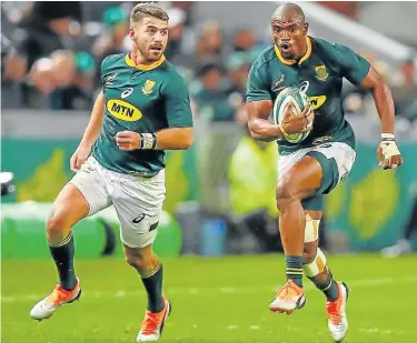  ?? Picture: GORDON ARONS/GALLO IMAGES ?? WILL BE MISSED: Willie le Roux, left, and Makazole Mapimpi will not be involved in the Springboks’ final two matches in the Rugby Championsh­ip. Le Roux has returned to his club in England and Mapimpi is injured