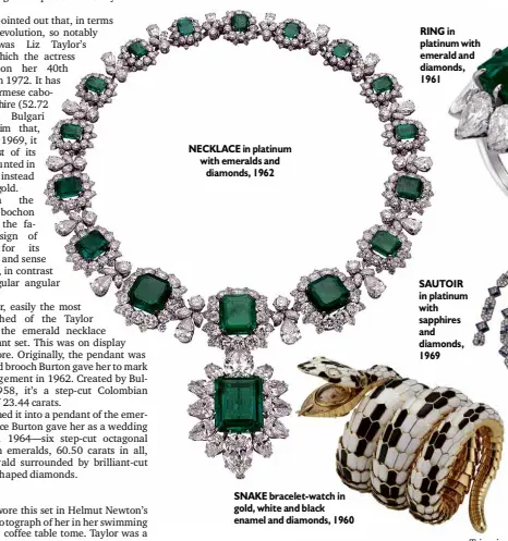  ??  ?? NECKLACE in platinum with emeralds and
diamonds, 1962 SNAKE bracelet-watch in gold, white and black enamel and diamonds, 1960