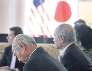  ?? AP ?? Members of the families of Japanese abducted by North Korea sit during a meeting with US Ambassador to Japan William Hagerty, rear left, at the ambassador’s residence in Tokyo yesterday.