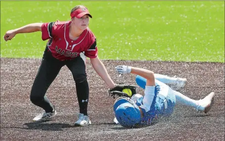  ?? DANA JENSEN/THE DAY ?? Masuk’s Grace Ely (10) tags out Waterford’s Charlotte Jessuck (2) at second base and looks to the umpire for the call during Saturday’s softball game at Waterford. No. 4 Masuk beat the Lancers 4-0. Visit www.theday.com to view a photo gallery.