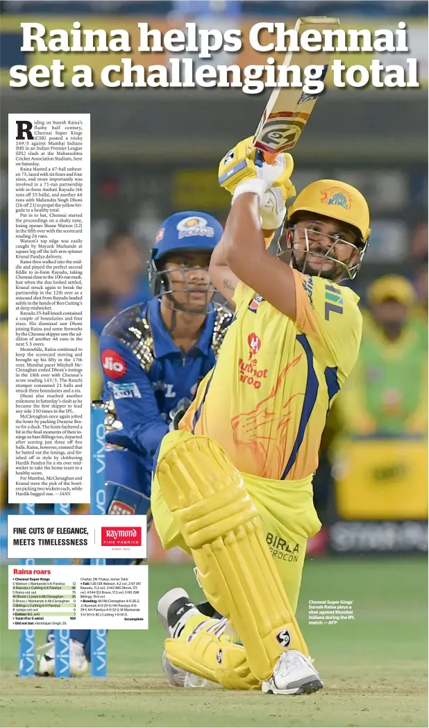  ?? AFP ?? Chennai Super Kings’ Suresh Raina plays a shot against Mumbai Indians during the IPL match. —